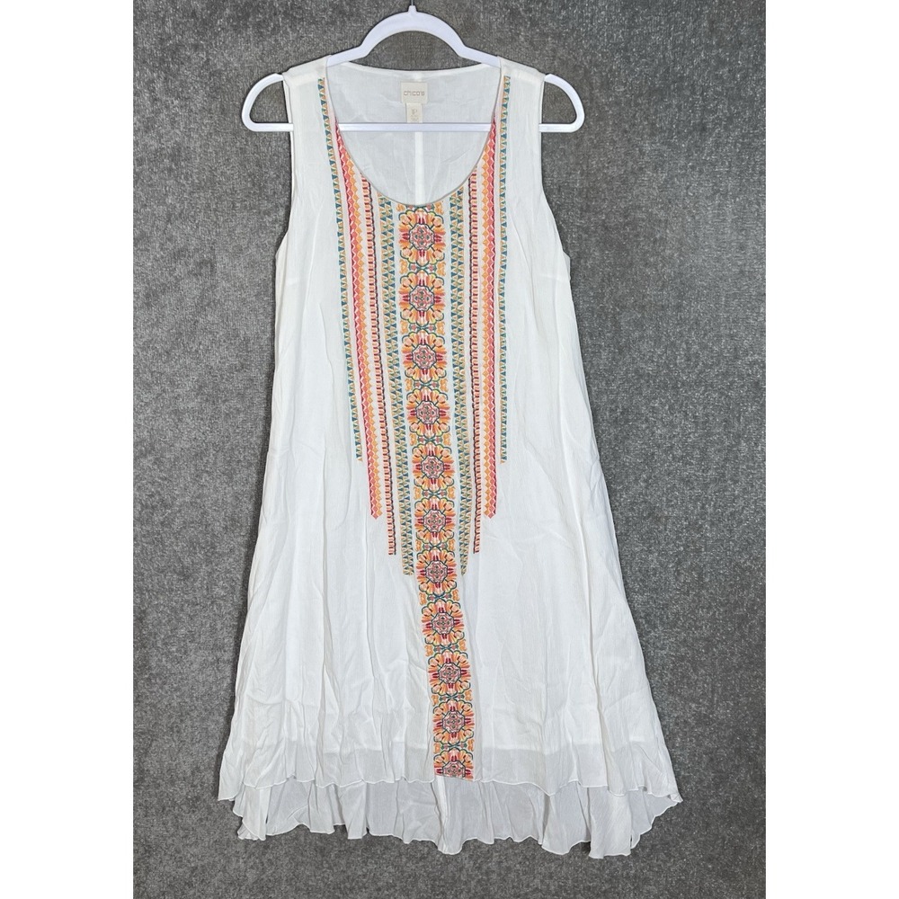 Chicos Crinkle Embroidered Midi Dress Womens Sz 1P US Size 8P White Floral Aztec